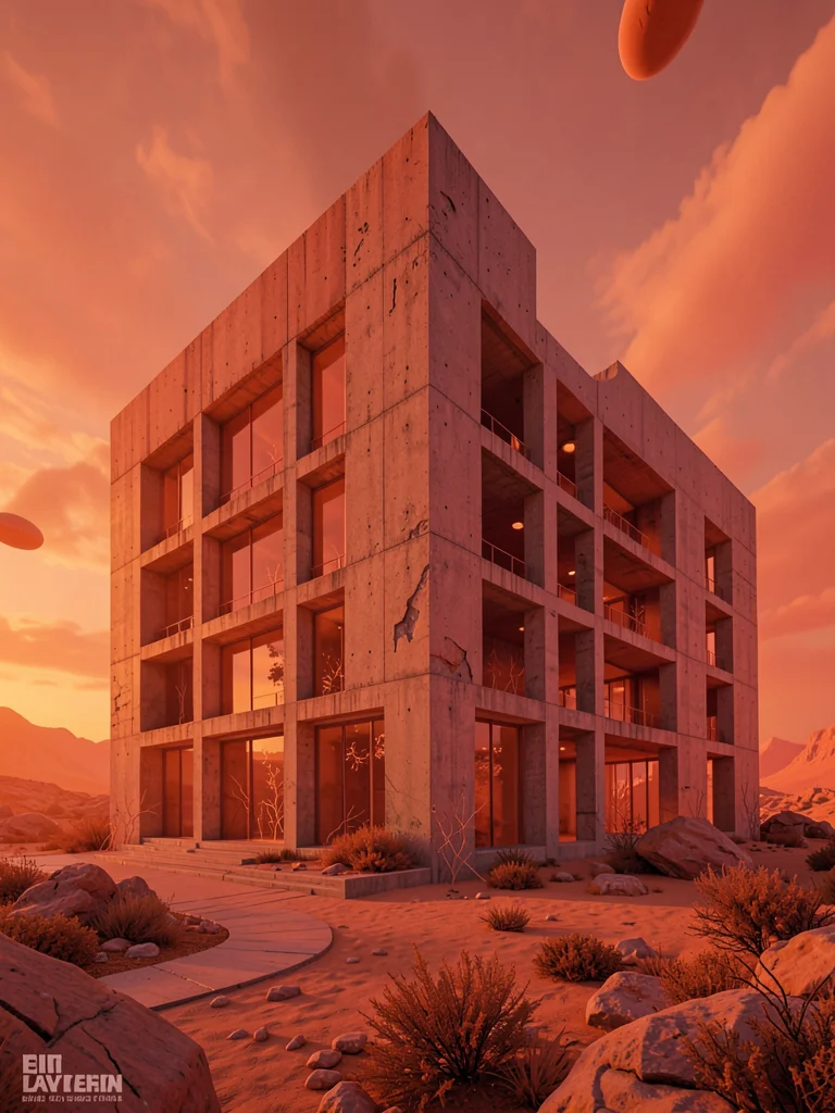 Brutalist concrete building in infrared, already alien architecture becoming act