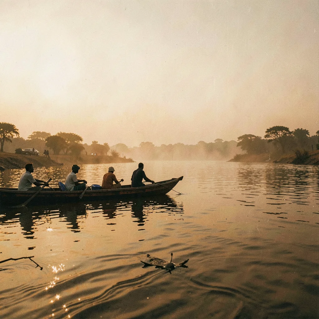 Golden Harmattan dust haze in Bamako, Mali, Niger River fishermen in pirogue at 