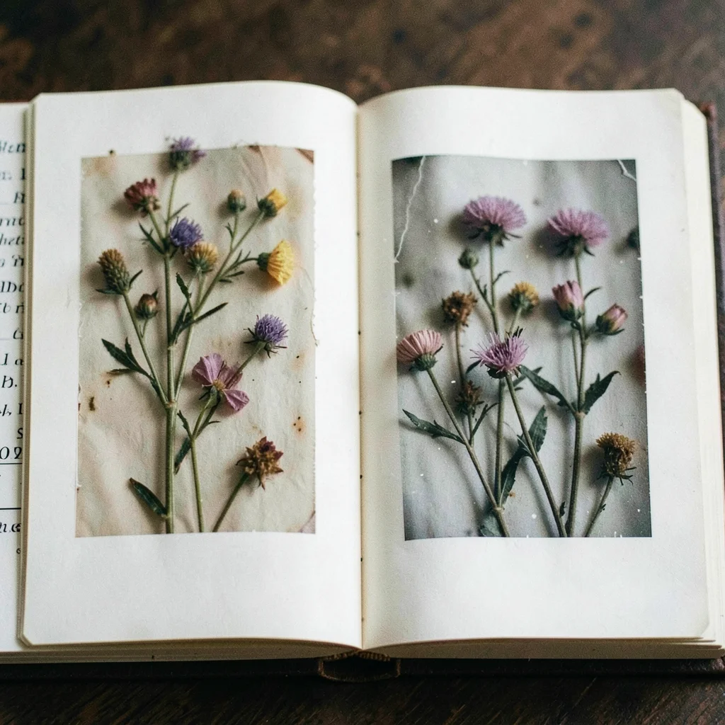 Pressed flowers between book pages photographed as the instant film develops, bo