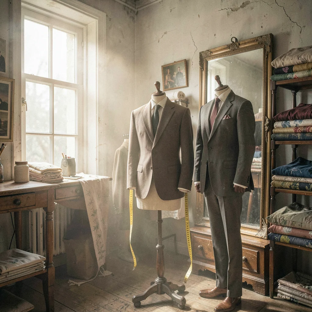 Humid atmospheric scene, Central European grandeur, Tailor shop interior with ha