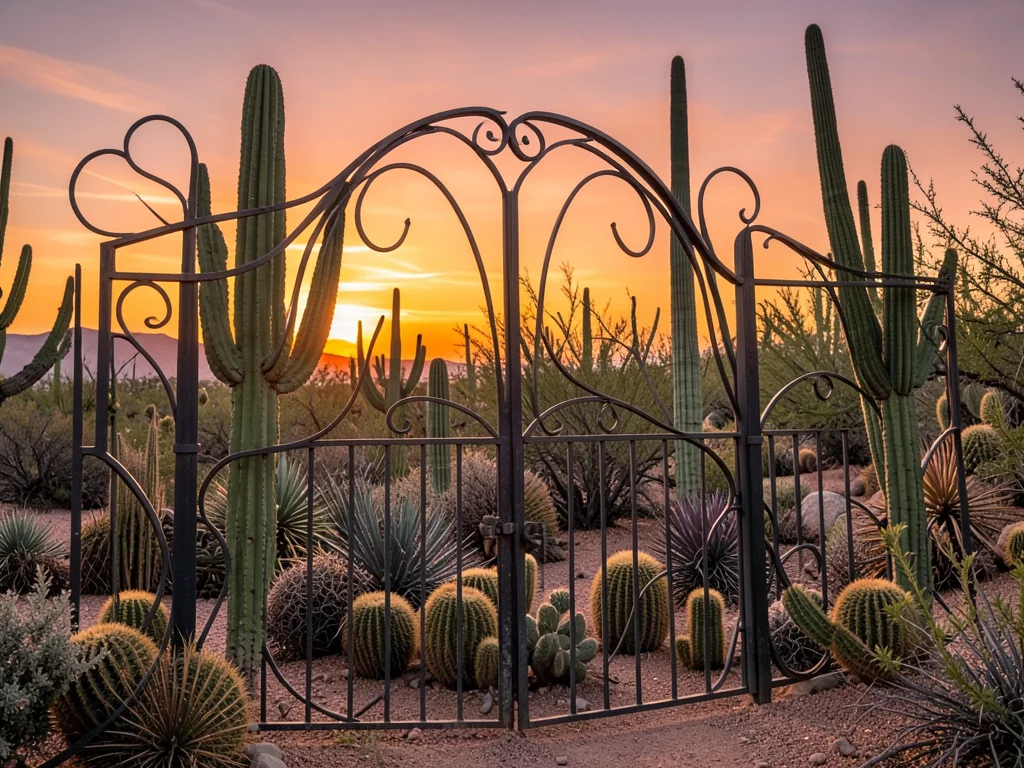 Cactus garden with Art Nouveau iron fence, flowing organic curves, desert sunset