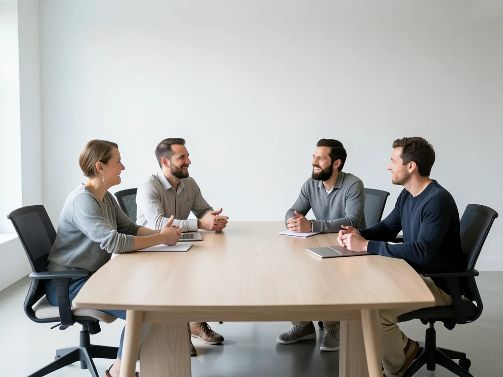 Team of four people having an animated discussion around a conference table