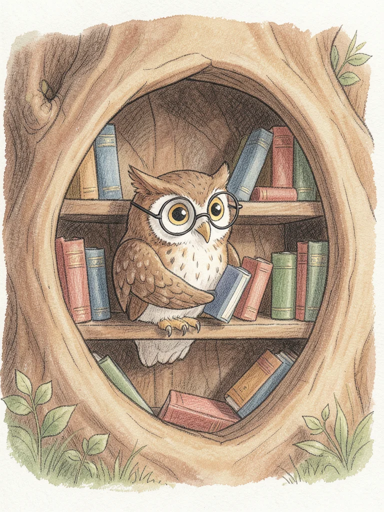 An owl librarian organizing tiny books on a shelf inside a hollow tree, wearing 