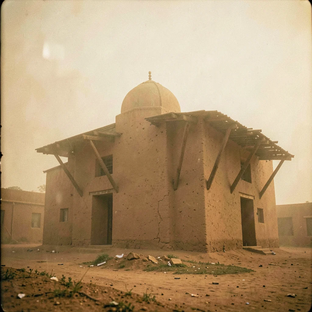 Golden Harmattan dust haze in Bamako, Mali, Mud brick mosque with wooden beams p