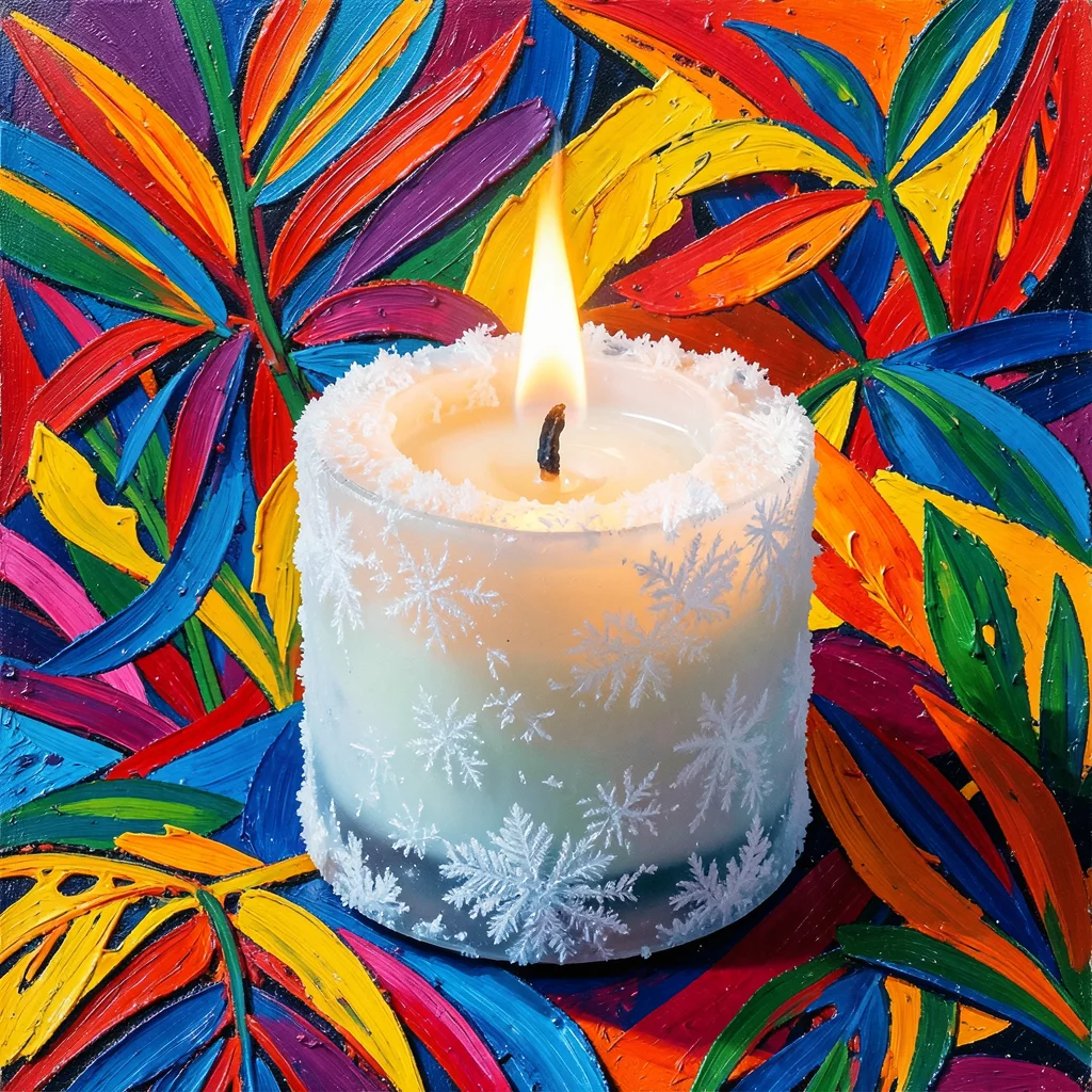 Ice candle that produces real flame without melting, frost on surface, lit wick