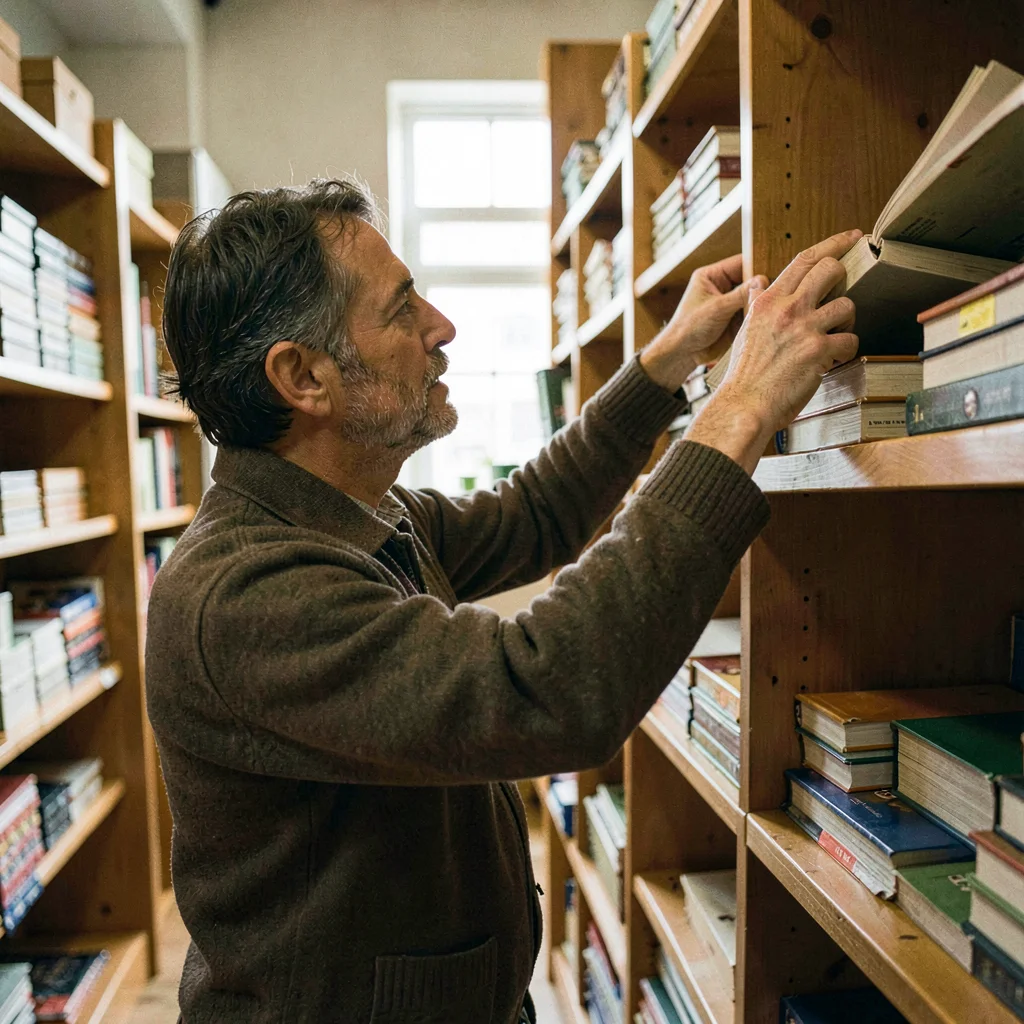 Vertical portrait of a shopkeeper reaching for a stockbook on a high shelf
