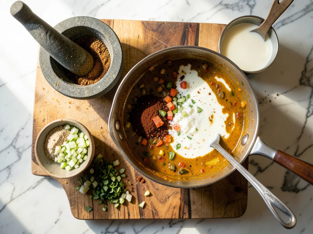 A curry being built: mortar and pestle with ground spices, chopped aromatics, co
