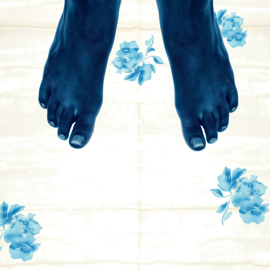 body-print cyanotype on fabric,. A pair of bare feet pressed onto cyanotype linen, keeping the intimate foot outlines an