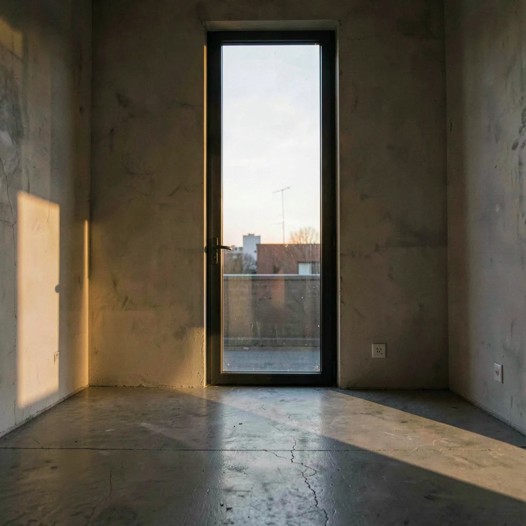 Quiet evening atmospheric of a tall studio window with raking warm light across 