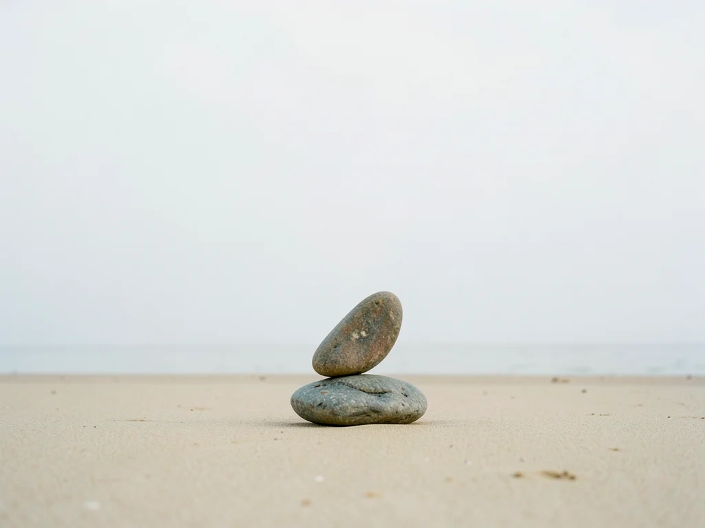 Single stone balanced on another on an empty beach, horizon line dividing frame 