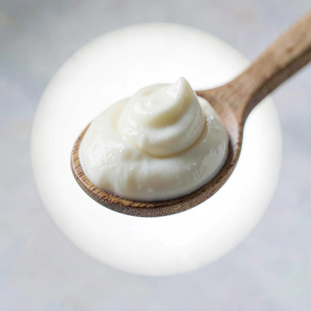 Macro of a single dollop of yogurt on a wooden spoon, lightbox halo