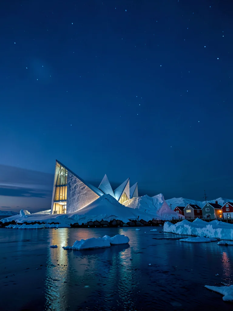 Polar night blue hour in Tromso, Norway, the Arctic Cathedral illuminated agains