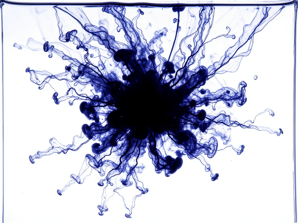 Dense concentrated ink bloom filling most of frame, only thin clear water margin