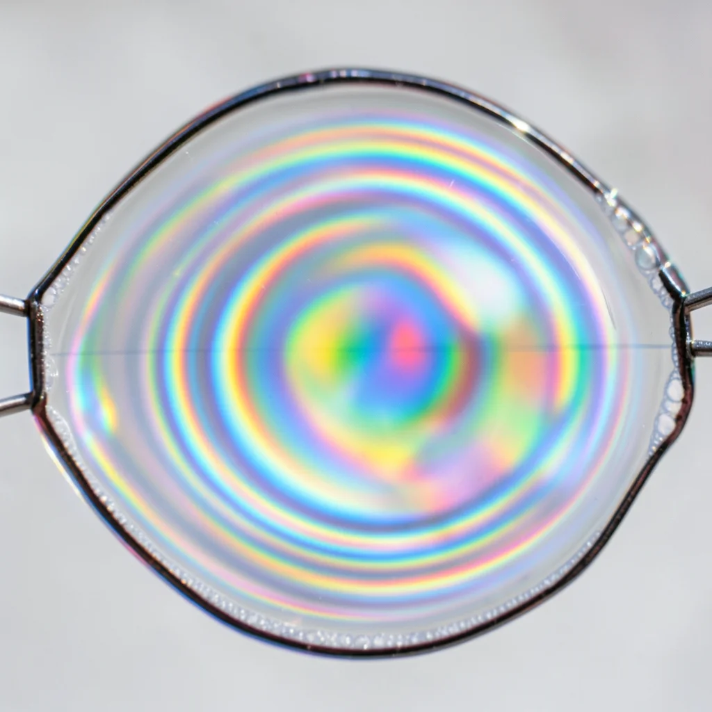 Soap bubble extreme macro showing Newton's rings interference pattern, concentri