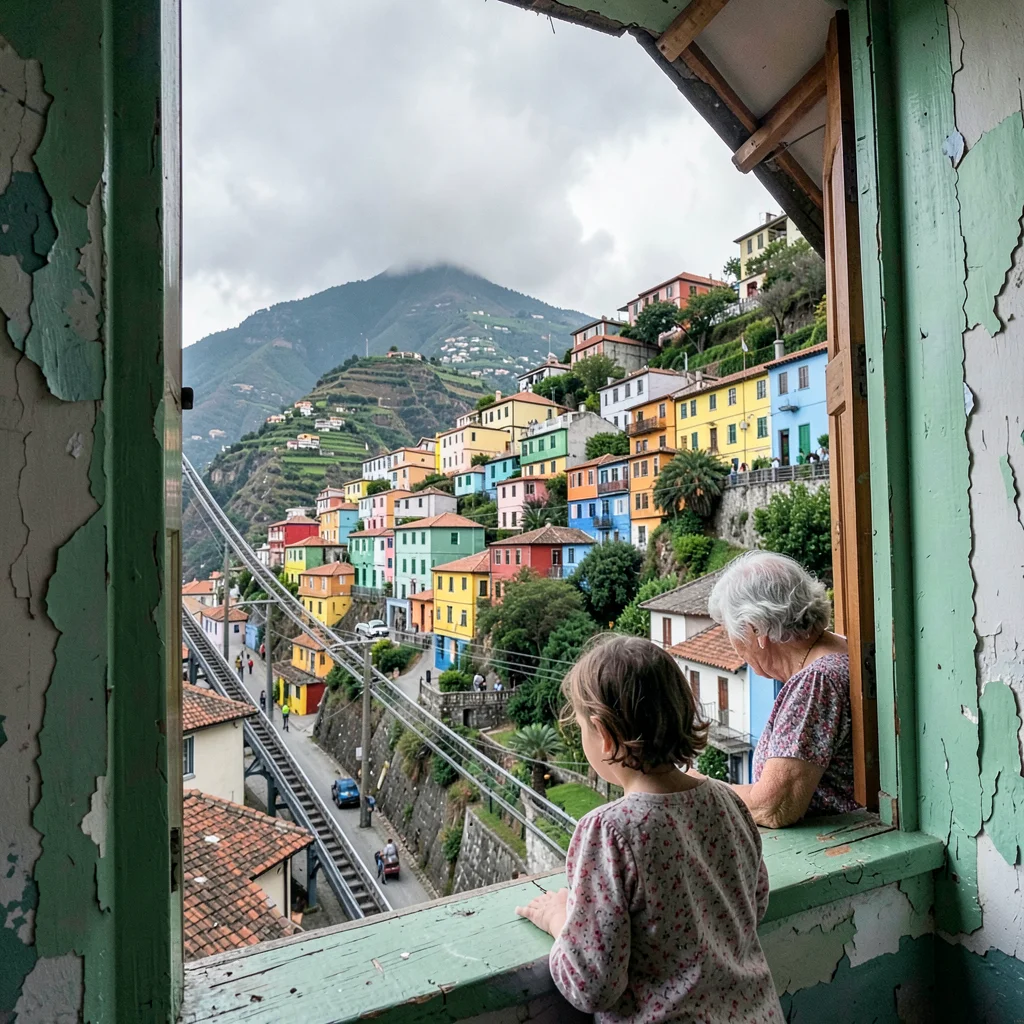 Valparaiso hillside color, painted houses climbing, Grandmother and grandchild l