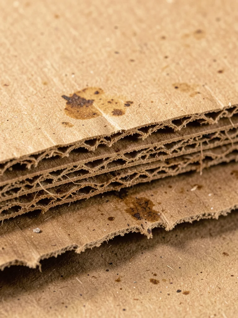 Torn cardboard edge, rough fiber tear revealing the corrugation layer, three dis