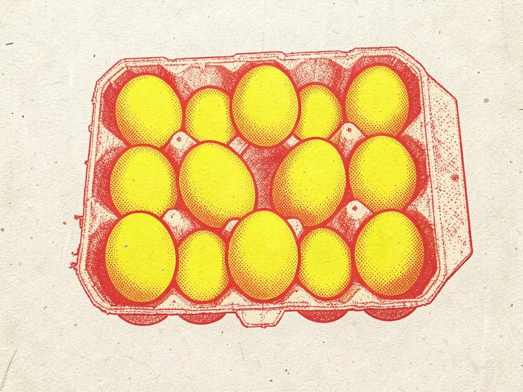 A dozen eggs in a carton printed in two-color risograph — warm red outlines with