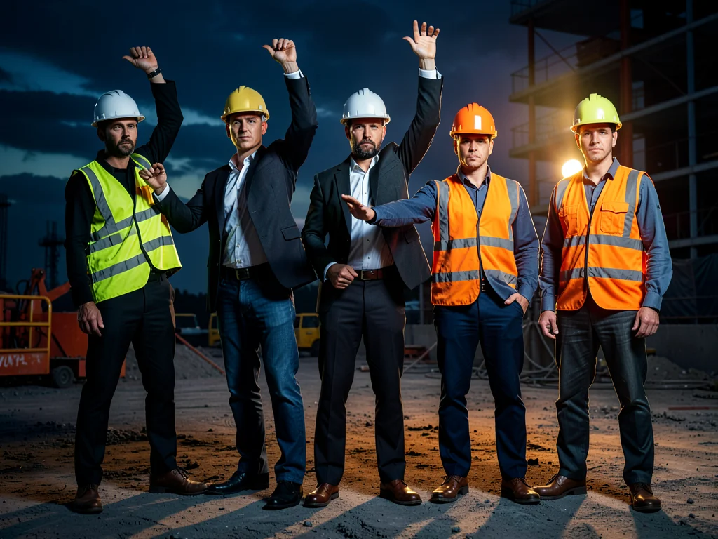 Group of workers in synchronized pose, hard hats catching light, construction cr