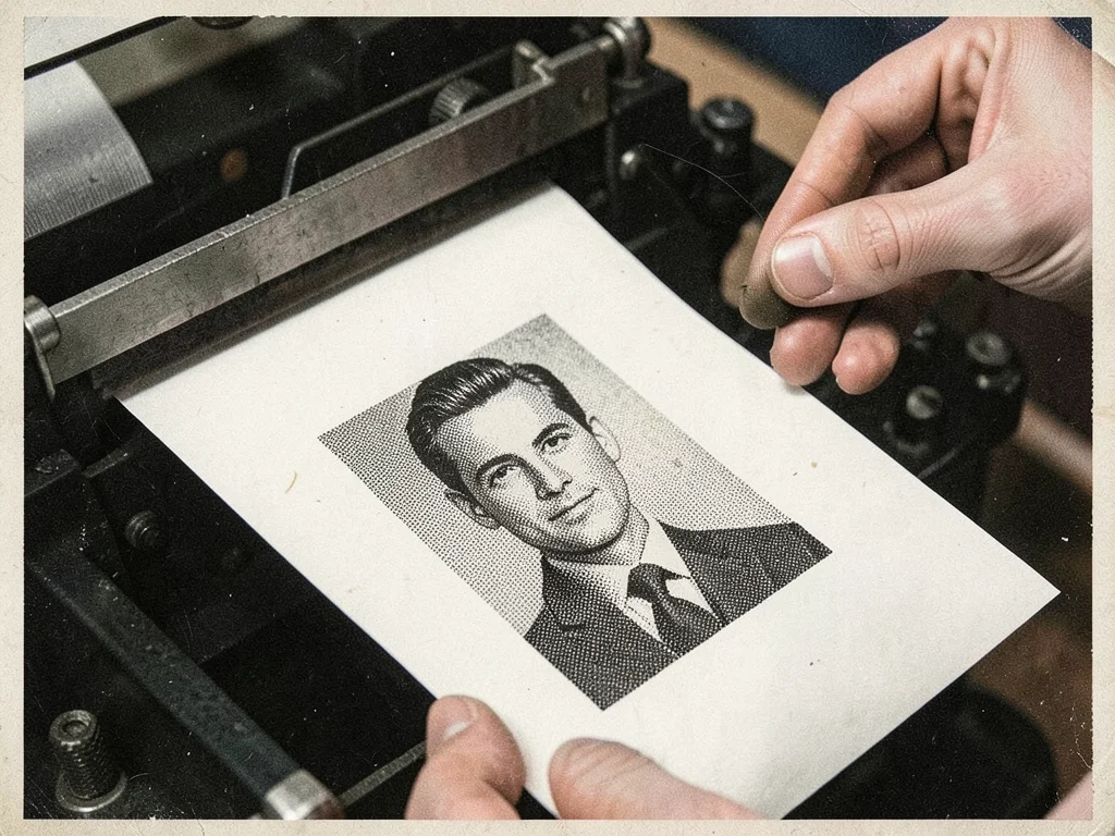 Hands pulling a print from a press, revealing the transferred image