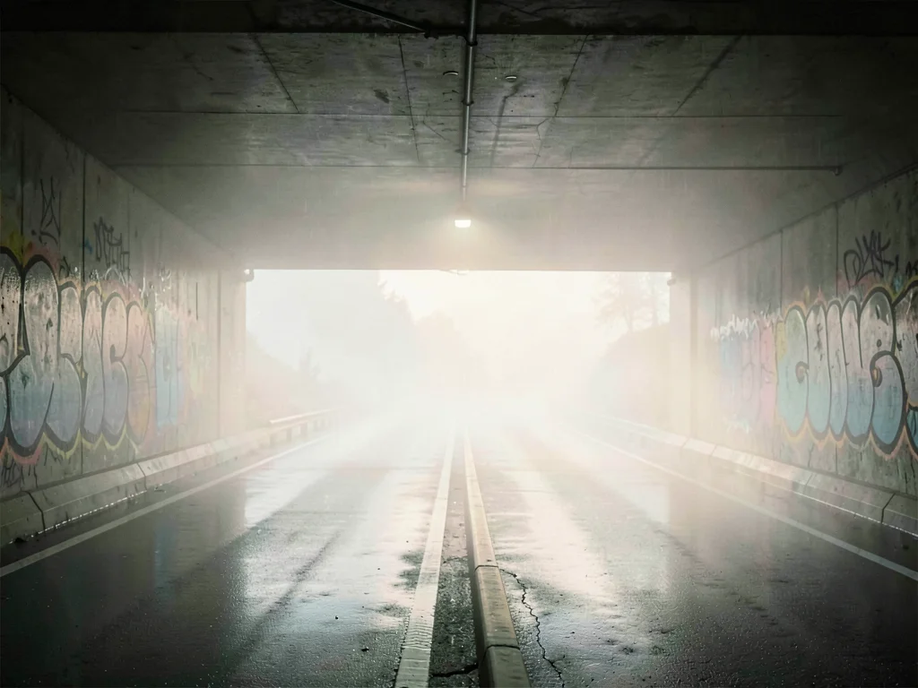 Quiet motorway underpass at first light, graffiti softened by wet air, oncoming 