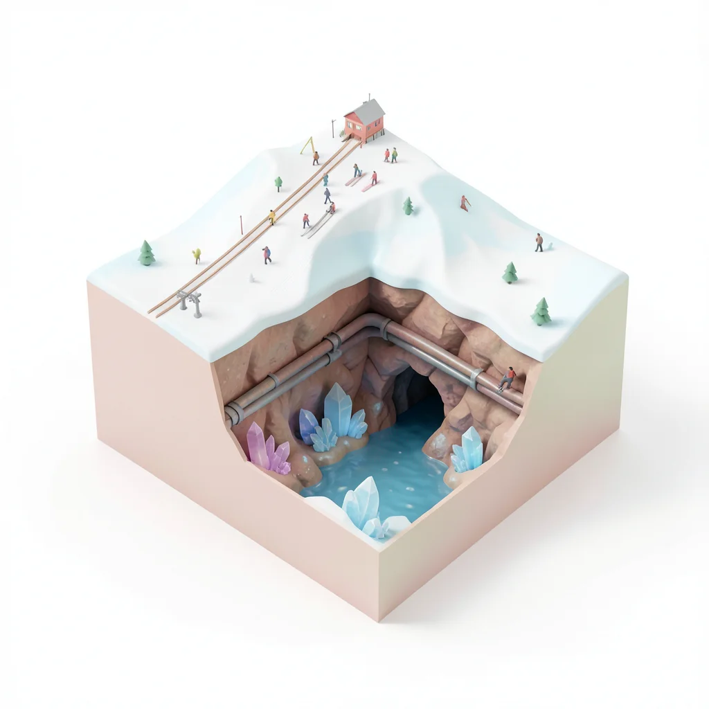 A cross-section of a mountain: ski resort on top, mine tunnels inside, undergrou