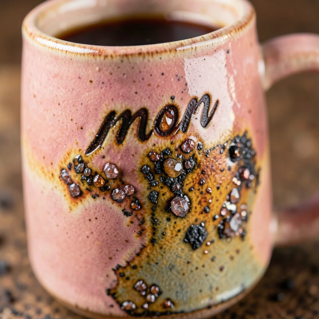 Handmade ceramic mug with warm pink glaze, "mom" impression, coffee inside