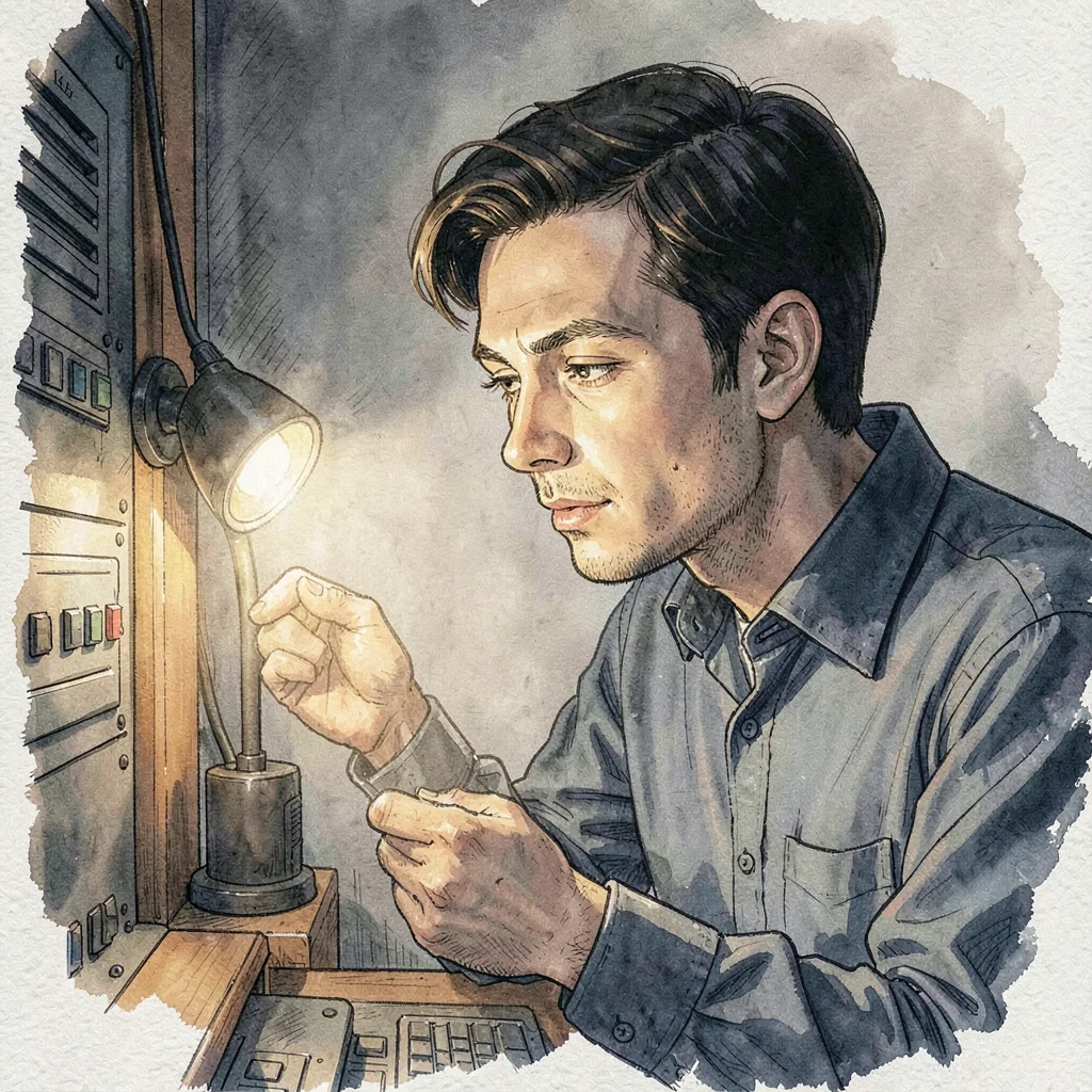 Quiet portrait of a tech inspecting a panel under a side flashlight, single soft