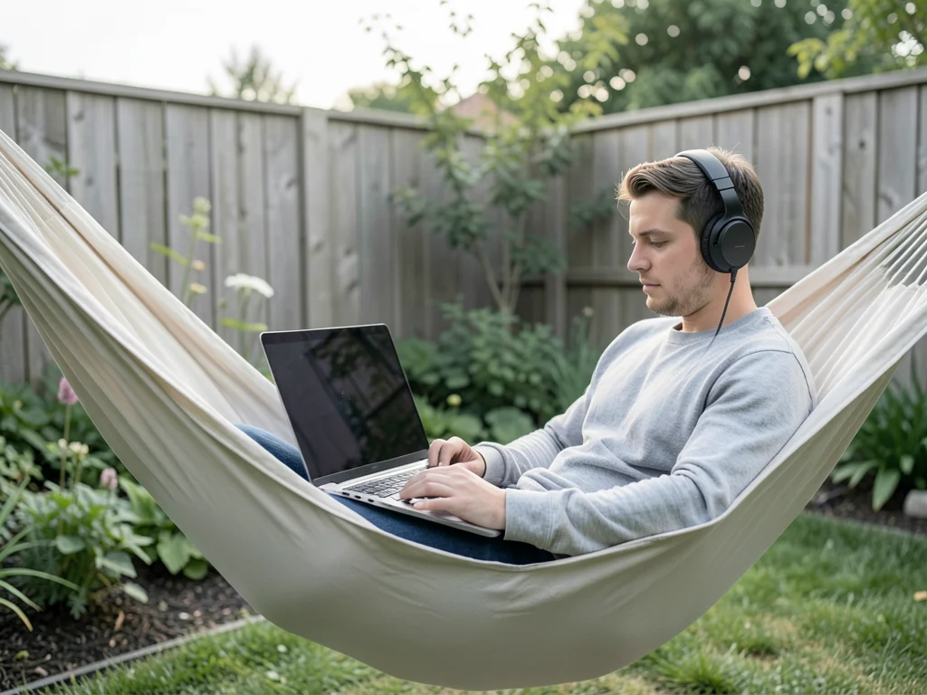 Programmer working from hammock in backyard, laptop reflecting garden, noise-can
