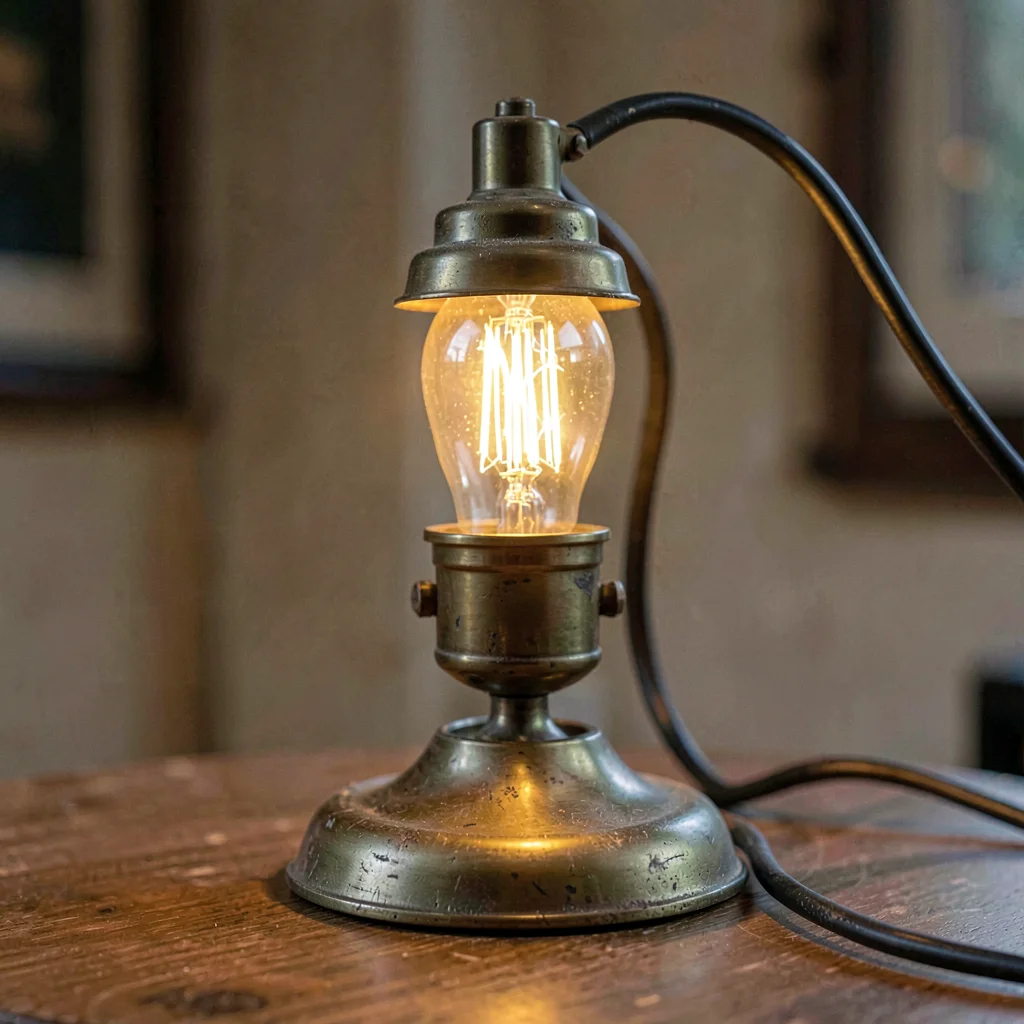 Macro of a brass desk lamp with patina, warm filament glow