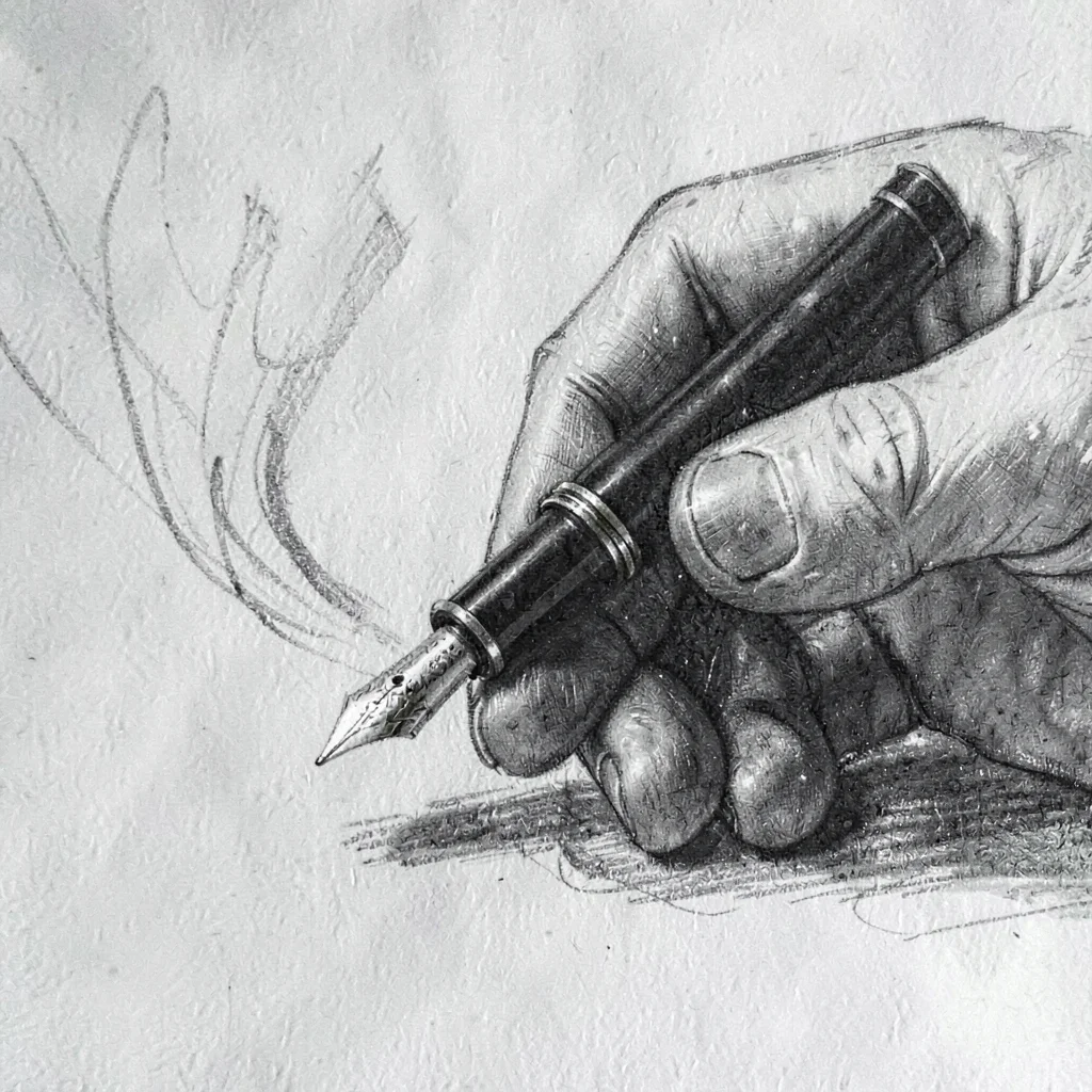 Loose charcoal sketch of a hand uncapping a fountain pen, motion smudge along th