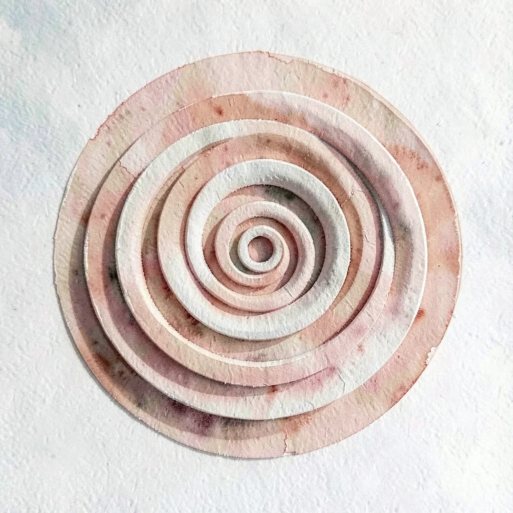 Stacked paper rings expanding outward like a heartbeat ripple, blush and clay pa