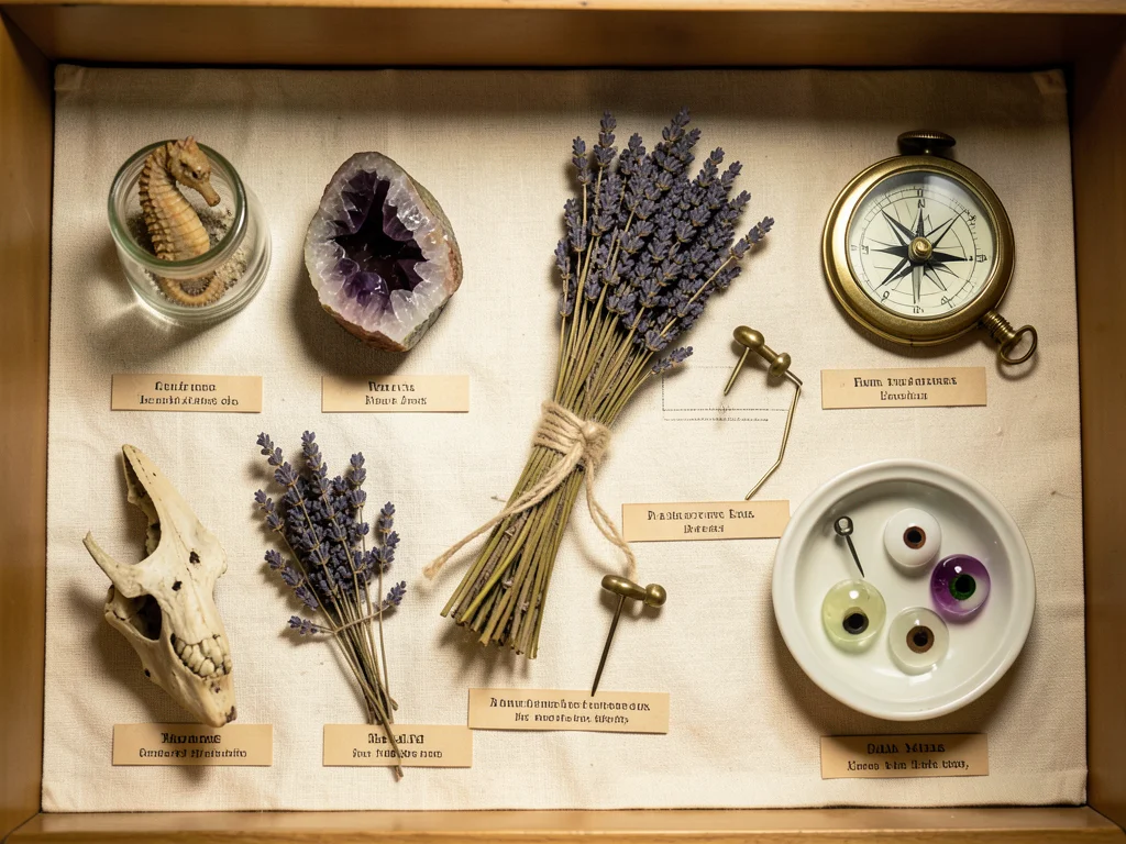 A curiosity cabinet shelf with intentionally eclectic arrangement — a preserved 