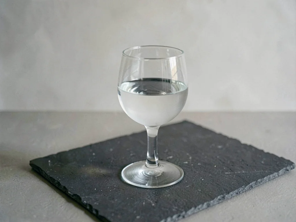 Three-quarter framing of a stemmed glass holding water on chalk paper, soft side