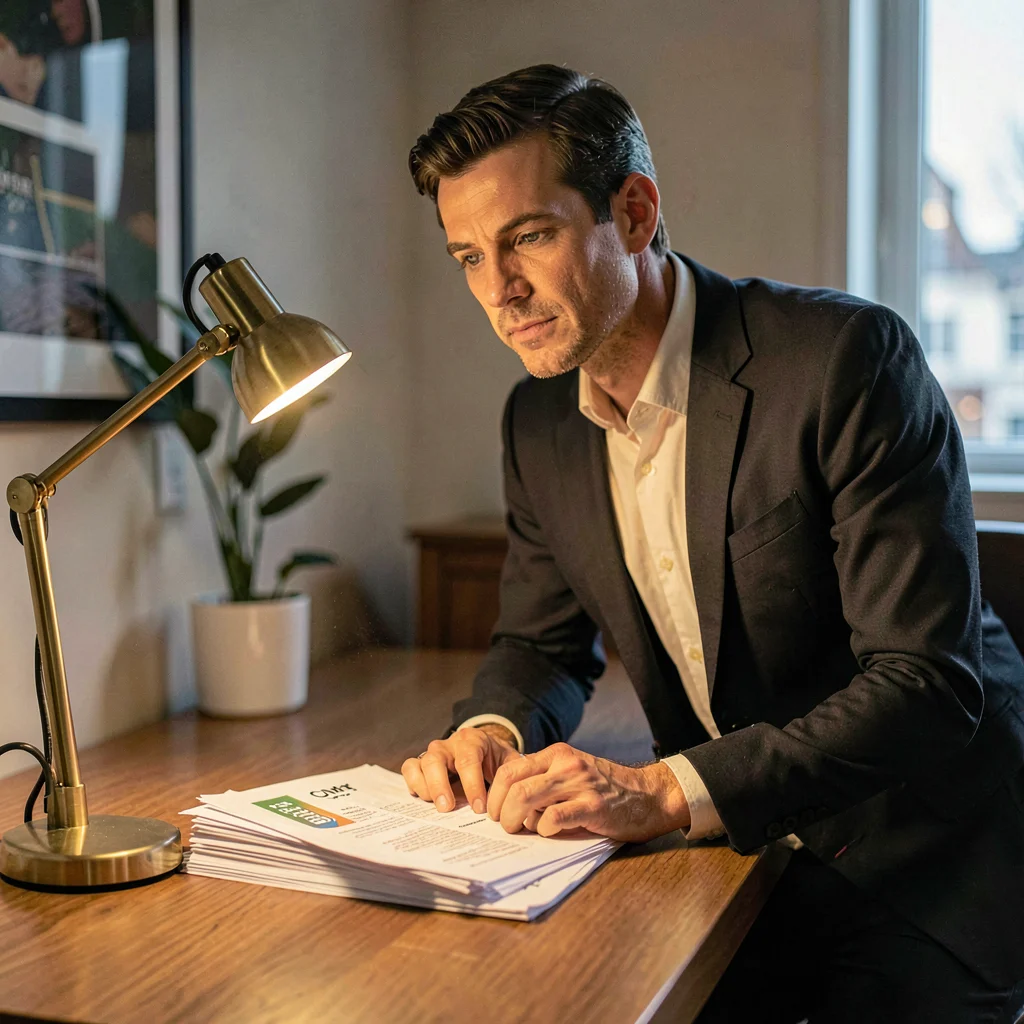 Lamplit portrait of a CMO leaning over a stack of campaign printouts, brass desk