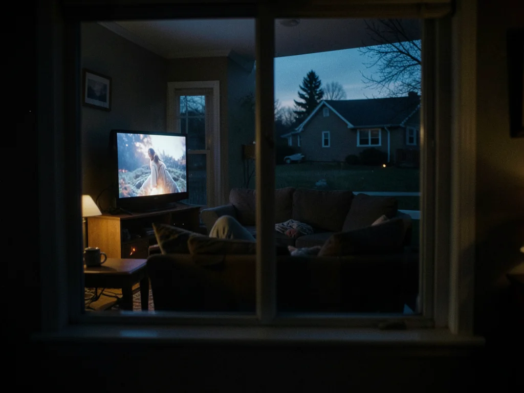 Living room through a picture window at night: TV glow illuminating a figure on 