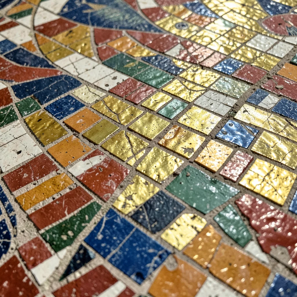 Close-up of Roman floor mosaic tesserae — colored stone pieces forming a fish sc
