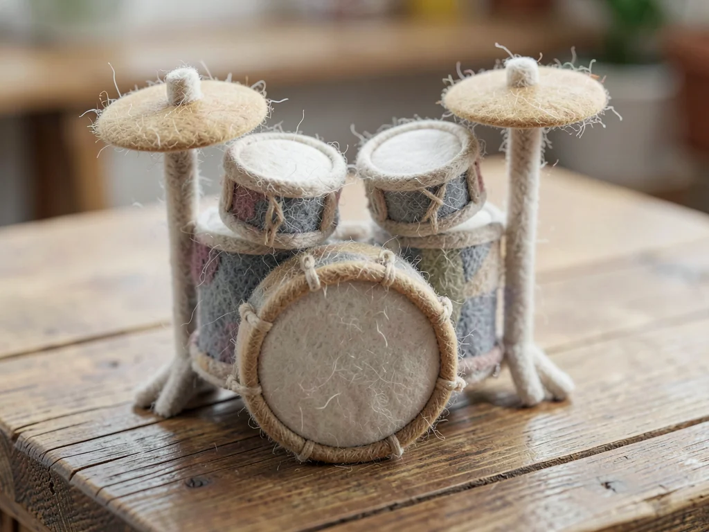 Drum kit miniature in felted wool complete with knit cymbals and embroidered tom