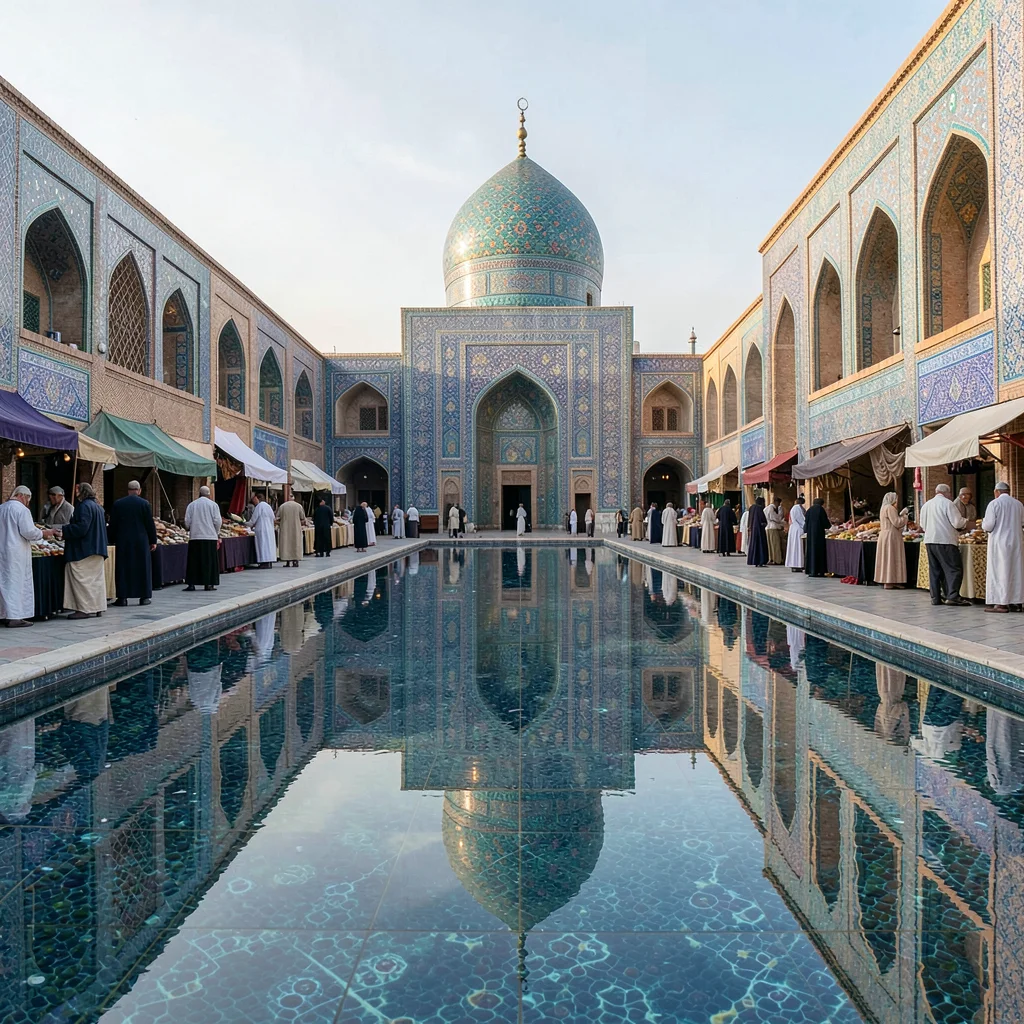 Samarkand blue majolica against Central Asian terracotta, reflection pool with t