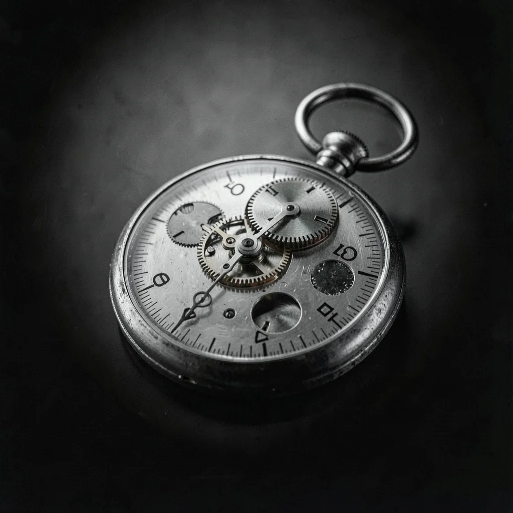 Charcoal study of a single open pocket-watch movement at three-quarter angle, so