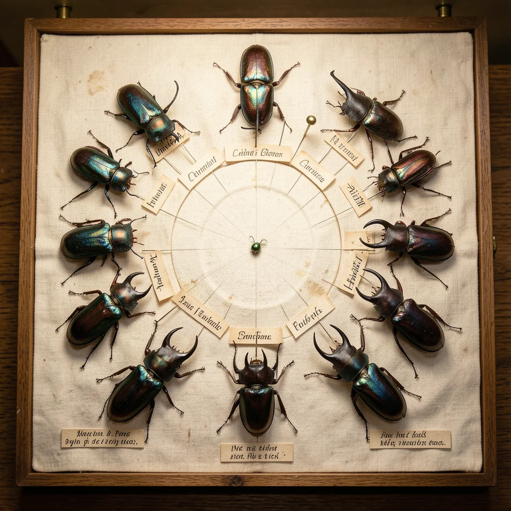 An entomological drawer of beetle specimens arranged in concentric circles radia
