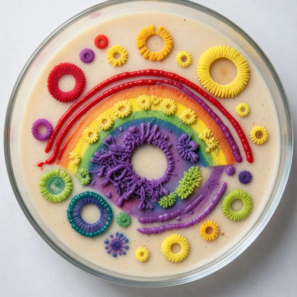 Rainbow bacterial art on nutrient agar plate, streaked lines of red Serratia, pu