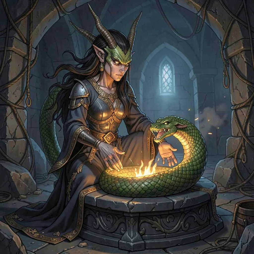 RPG sourcebook illustration, a yuan-ti priestess performing ritual at serpent al