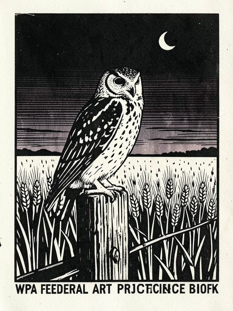A barn owl perched on a fence post at twilight, wheat field stretching to the ho