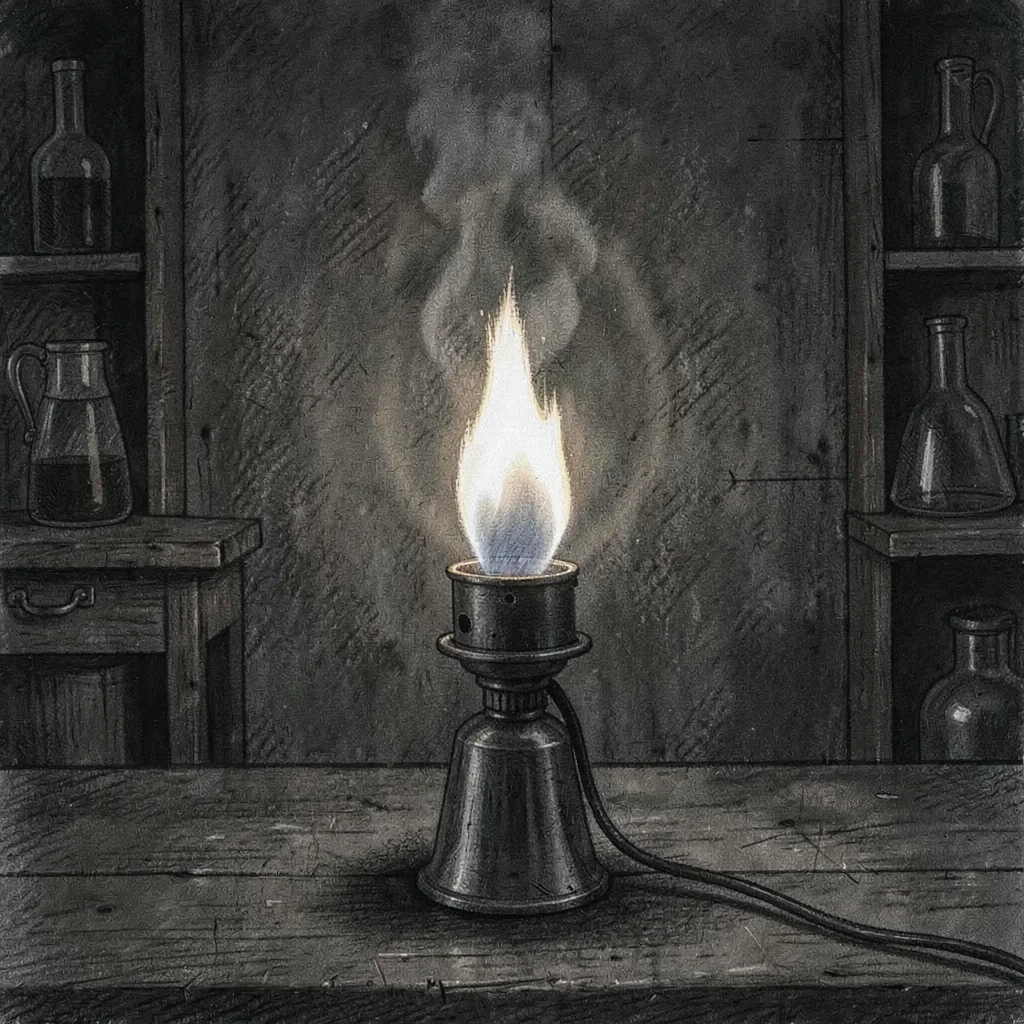 Atmospheric charcoal of a single Bunsen burner flame in a darkened lab, warm gra