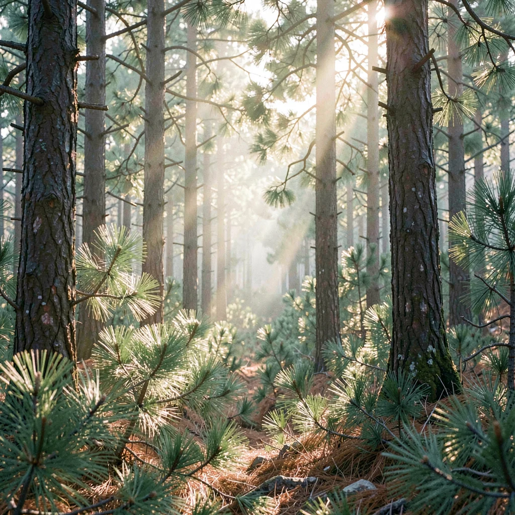 dense pine understory with shafts of light, painterly forest