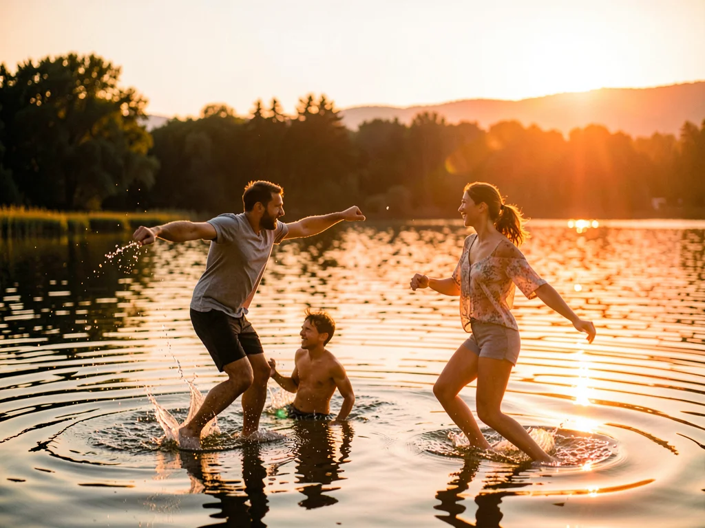 Friends jumping into lake