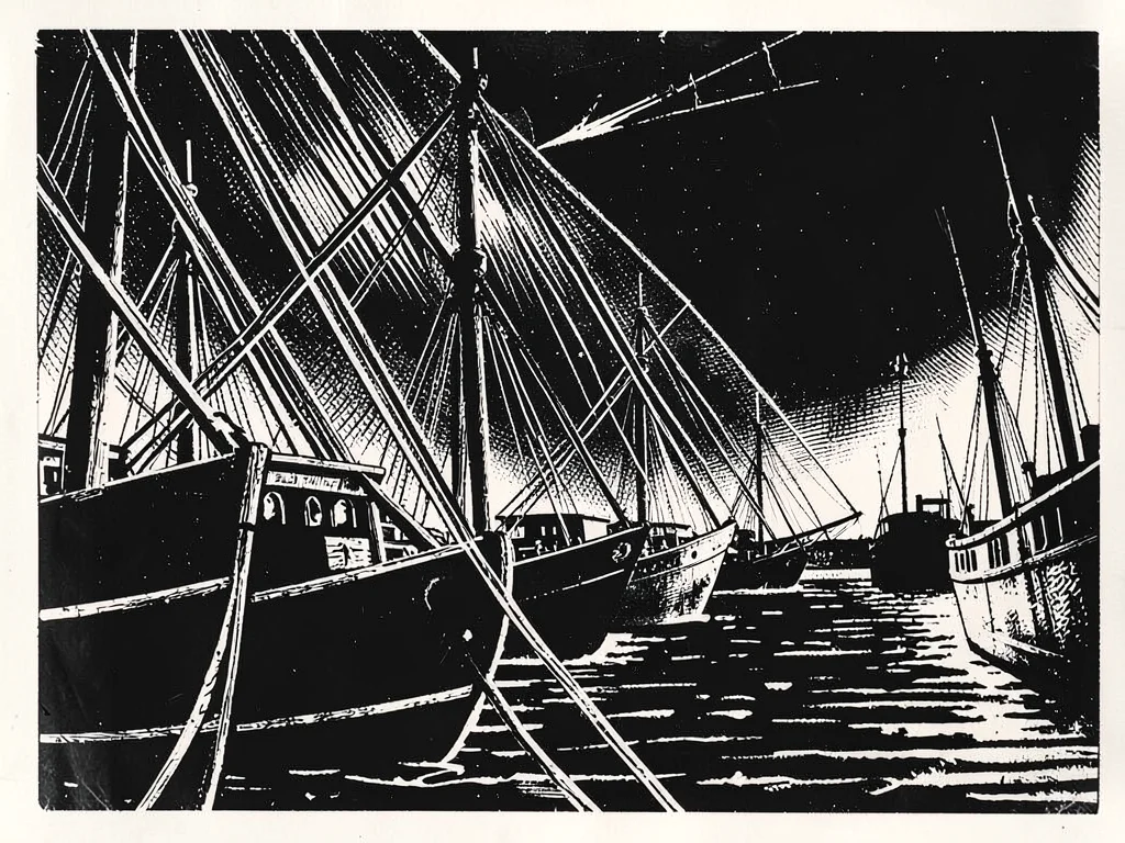 Harbour at night, mast lines as harsh scratched diagonals, water black