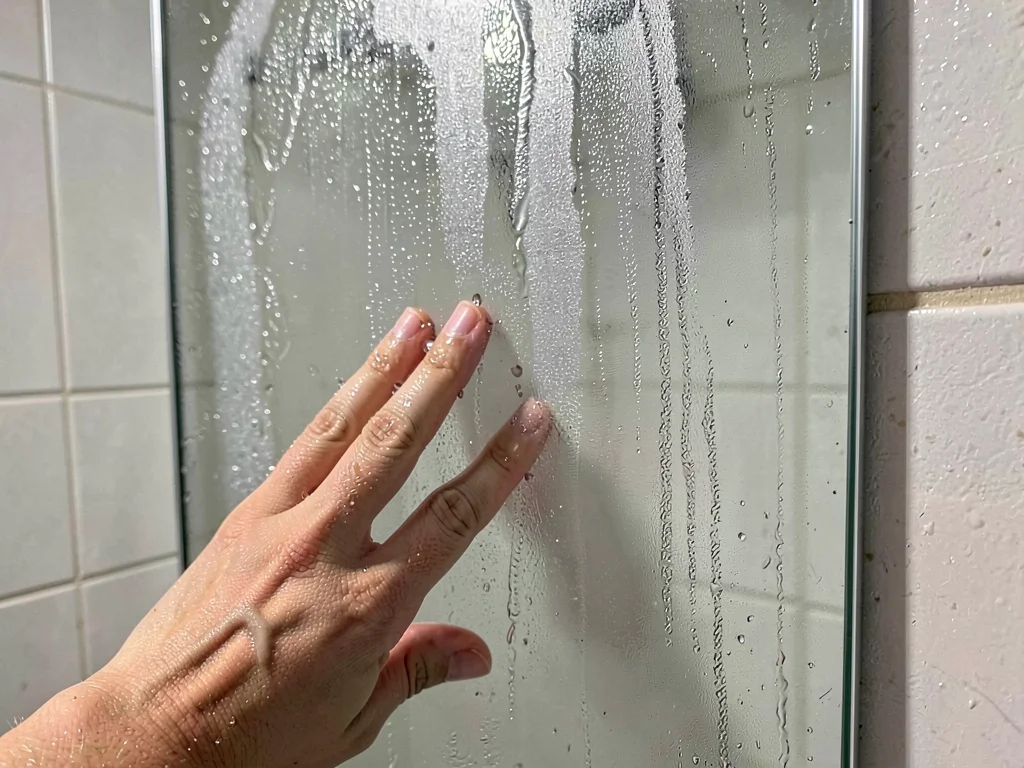 Bathroom mirror fogged after shower, hand wiping clear spot for seeing