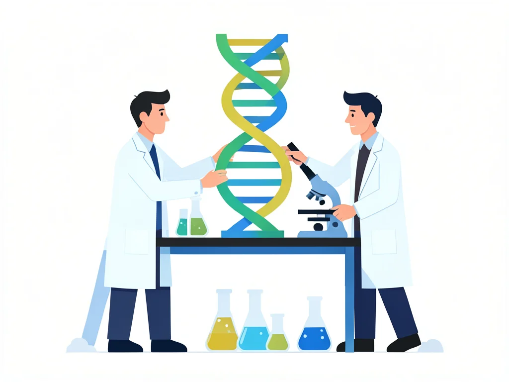 Two scientists in lab coats examining a large DNA helix model, microscope and be