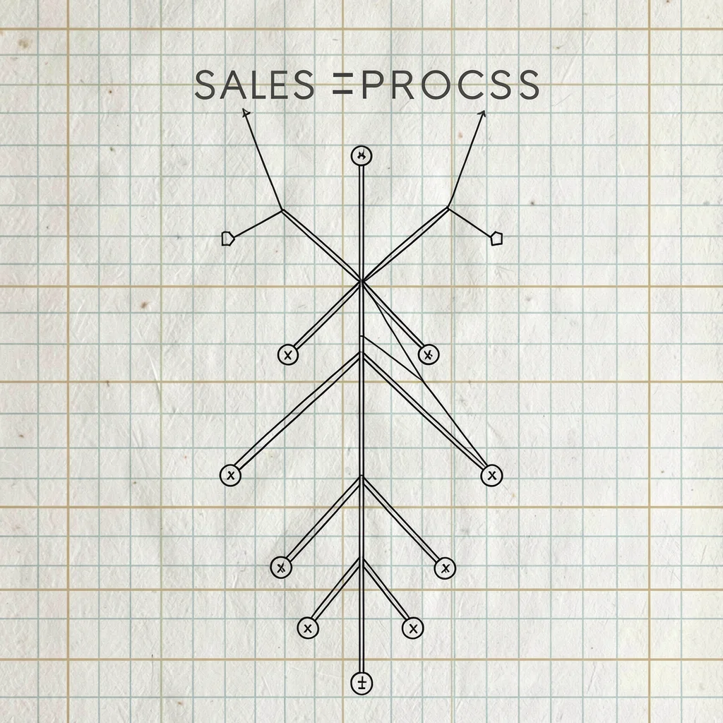 Portrait blueprint diagram of a sales-process tree branching downward, hairline 